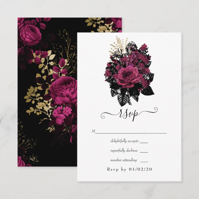 Burgundy - Marsala and Gold Floral Wedding RSVP Card (Front/Back)