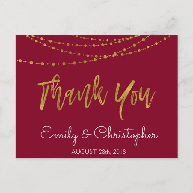 Burgundy Marsala and Gold Foil Thank You Postcard (Front)