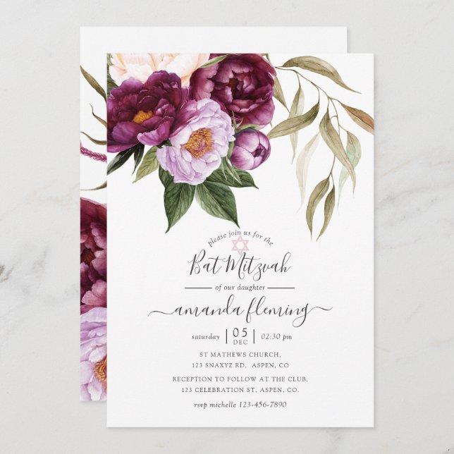 Burgundy - Marsala and Peach Floral Bat Mitzvah Invitation (Front/Back)