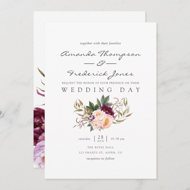 Burgundy - Marsala and Peach Floral Wedding Invite (Front/Back)