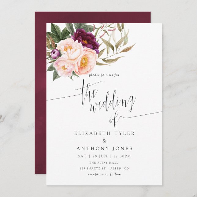 Burgundy - Marsala and Peach Floral Wedding Invite (Front/Back)