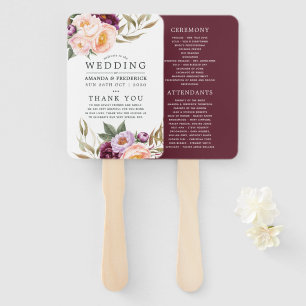 Burgundy Marsala and Peach Floral Wedding Program Hand Fan