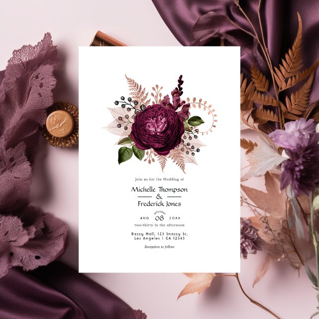 Burgundy - Marsala and Rose Gold Floral Wedding Invitation (Creator Uploaded)