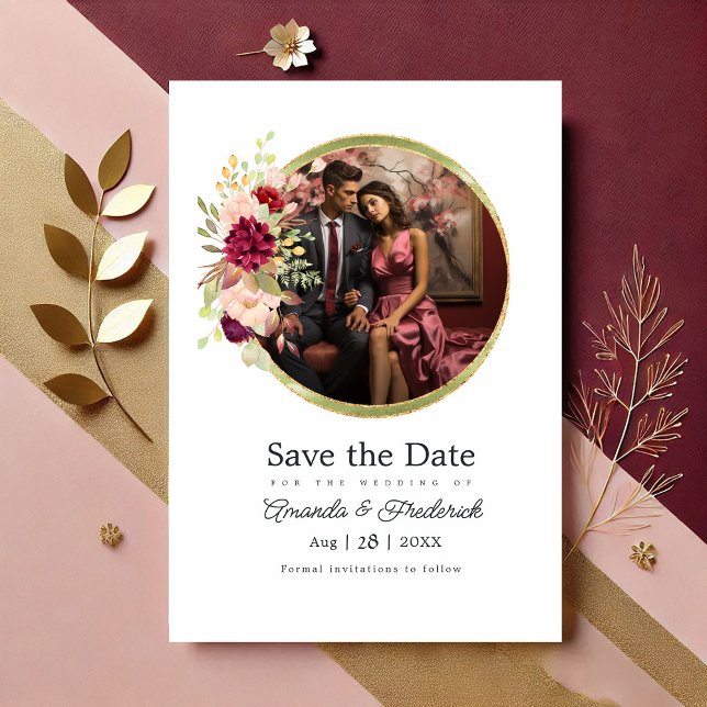 Burgundy-Marsala, Blush and Gold Floral Geometric Save The Date (Burgundy-Marsala, Blush and Gold Floral Geometric Save The Date)