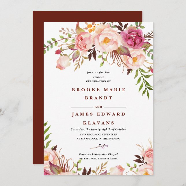 burgundy Marsala Blush Boho Wedding Invitation (Front/Back)