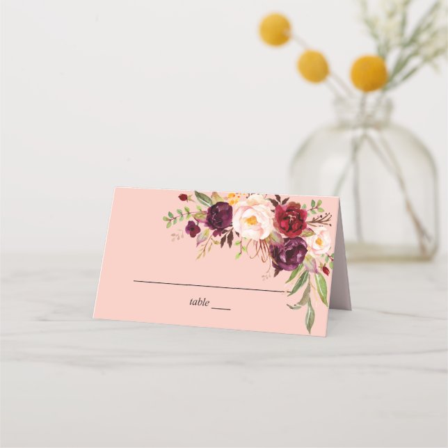 Burgundy Marsala & Blush Floral - Pink 2 Place Card (Front)