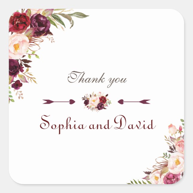 Burgundy Marsala Blush Floral Wedding Square Sticker (Front)