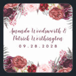 Burgundy Marsala Blush Pink Peony Wedding Favour Square Sticker<br><div class="desc">Burgundy Fall Marsala Blush Pink Peony Wedding Favour Stickers - feature a white background with various peonies, roses, and other floral elements in shades of Marsala, burgundy, blush pink, grey and more. See the matching collection on this page to complete the look for your event. View the full matching collection...</div>