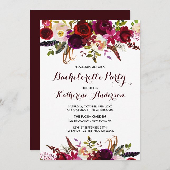 Burgundy Marsala Boho Floral Bachelorette Party Invitation (Front/Back)