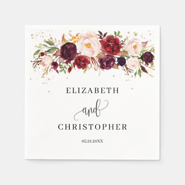 Burgundy Marsala Boho Floral Napkins Blush Red (Front)