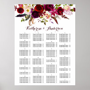 Burgundy Marsala Boho Floral Wedding Seating Chart