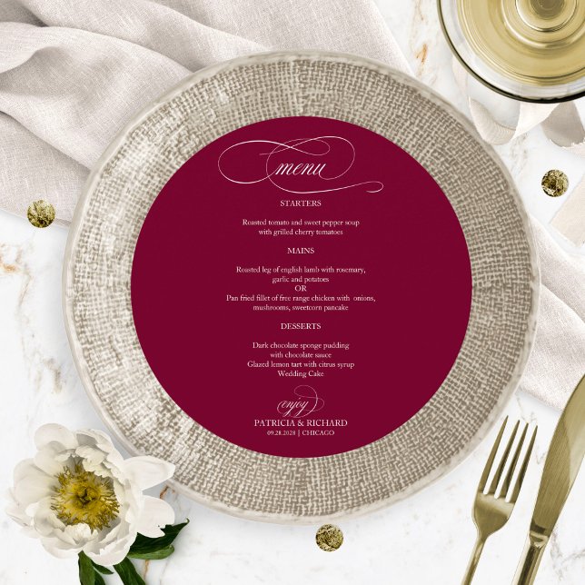 Burgundy Marsala Elegant Round Wedding Menu (Creator Uploaded)