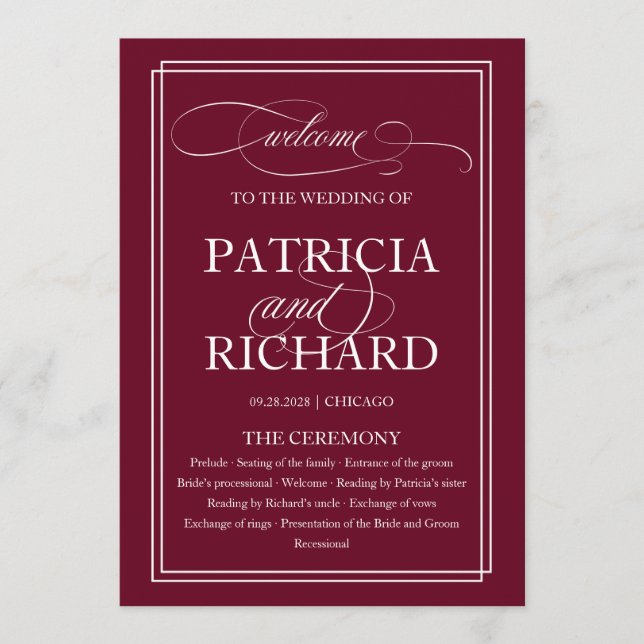 Burgundy Marsala Elegant Wedding Ceremony Program Programme (Front)