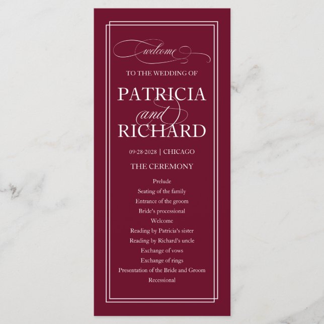 Burgundy Marsala Elegant Wedding Ceremony Program Programme (Front)