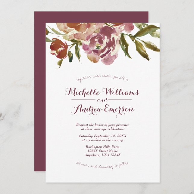 Burgundy Marsala Fall Floral Wedding Invitation (Front/Back)