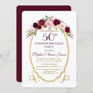 Burgundy Marsala Floral 50th Surprize Birthday Invitation