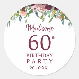 Burgundy Marsala Floral 60th Birthday Party Classic Round Sticker