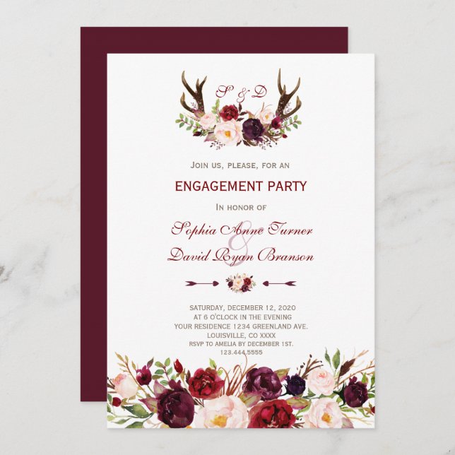 Burgundy Marsala Floral Antlers Engagement Party Invitation (Front/Back)