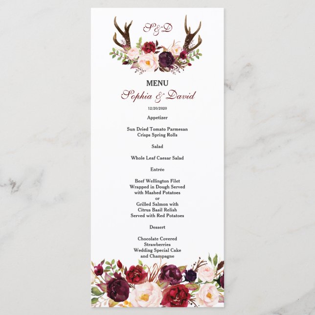 Burgundy Marsala Floral Antlers Monogram Menu (Front)