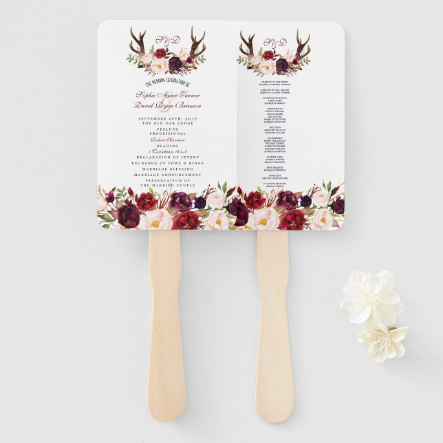 Burgundy Marsala Floral Antlers Monogram Program Hand Fan (Front and Back)