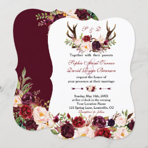 Burgundy Marsala Floral Antlers Monogram Wedding Invitation