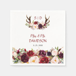 Burgundy Marsala Floral Antlers Monogram Wedding Napkin