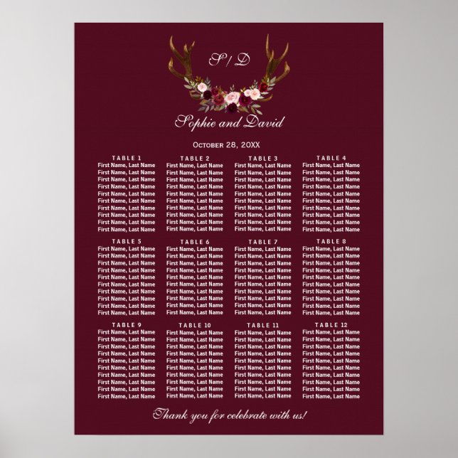Burgundy Marsala Floral Antlers Seating Chart (Front)
