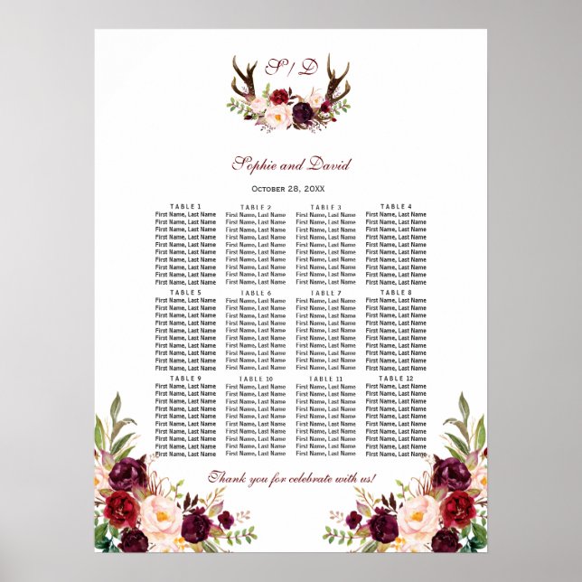 Burgundy Marsala Floral Antlers Seating Chart (Front)