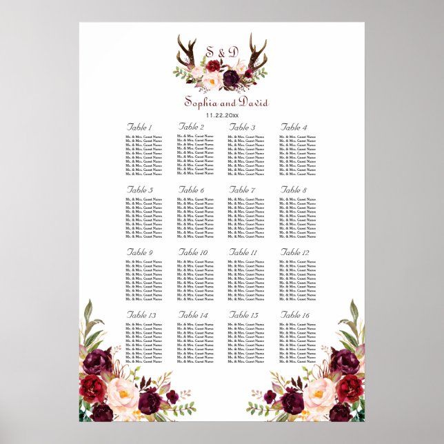 Burgundy Marsala Floral Antlers Seating Chart (Front)