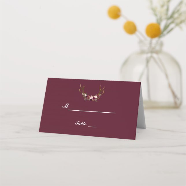 Burgundy Marsala Floral Antlers Table Number Place Card (Front)