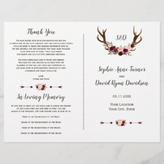 Burgundy Marsala Floral Antlers Wedding Program