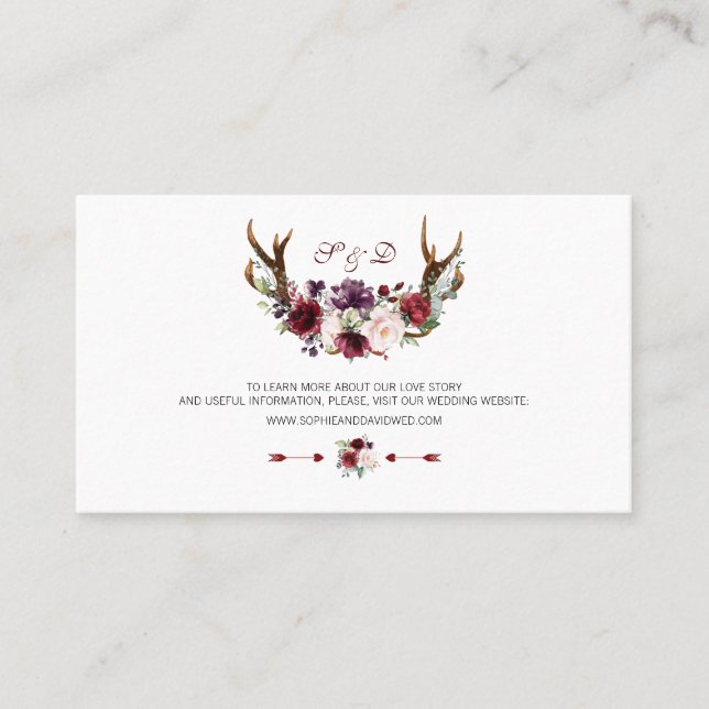 Burgundy Marsala Floral Antlers Wedding Website Business Card (Front)