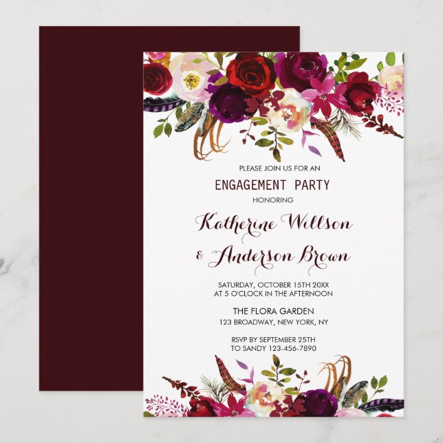 Burgundy Marsala Floral Autumn Engagement Party Invitation (Front/Back)