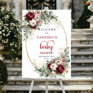Burgundy Marsala Floral Baby Shower Welcome Sign