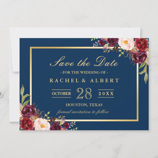 Burgundy Marsala Floral Blue Wedding Save the Date (Front)