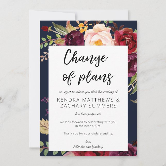 Burgundy Marsala Floral Change of Plans - Navy Invitation (Front)