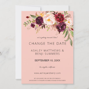 Burgundy Marsala Floral Change the Date - Pink 2 Invitation