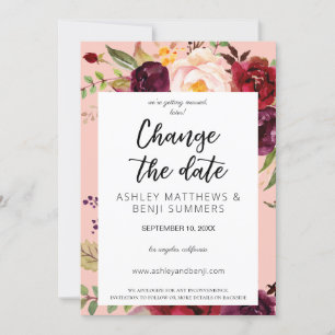 Burgundy Marsala Floral Change the Date Pink 2 V3 Invitation