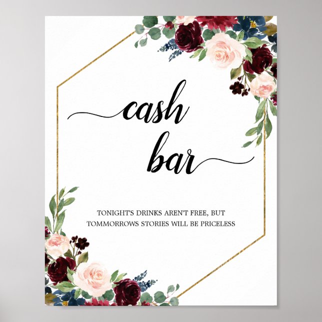 Burgundy Marsala Floral Geometric Cash Bar Sign (Front)