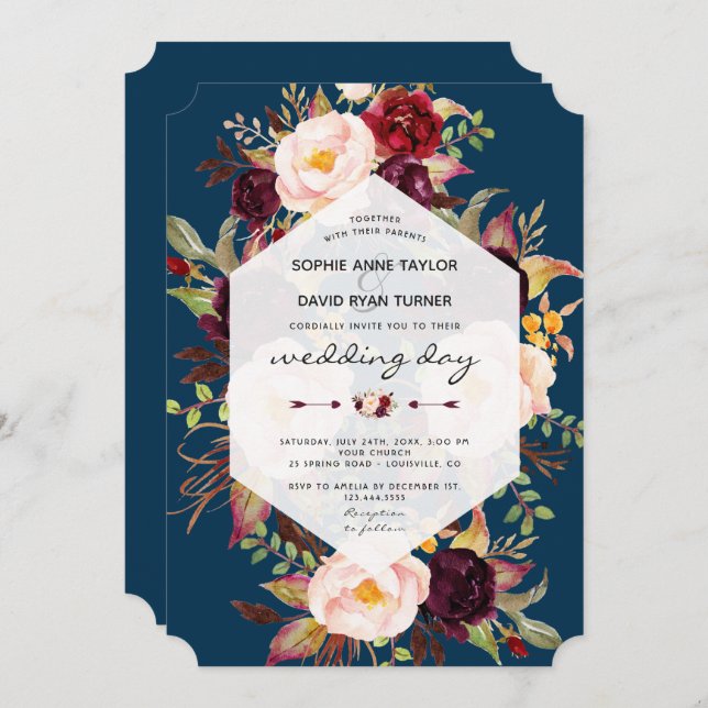 Burgundy Marsala Floral Geometric Navy Wedding Invitation (Front/Back)