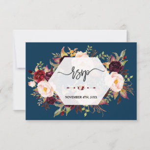 Burgundy Marsala Floral Geometric Navy Wedding RSVP Card