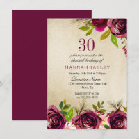 Burgundy Marsala Floral Gold 30th Birthday Invite