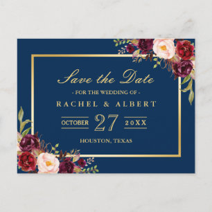 Burgundy Marsala Floral Gold Wedding Save the Date Announcement Postcard