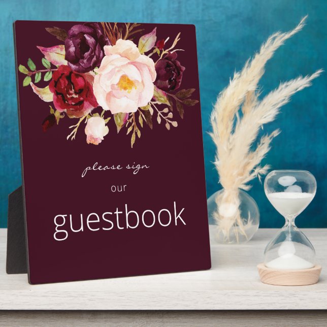 Burgundy Marsala Floral Guestbook Sign Burgundy Plaque (Side)