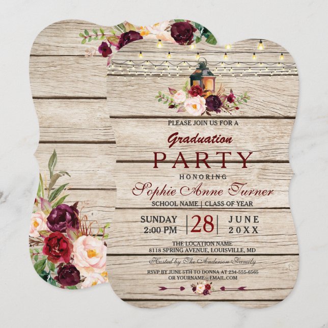 Burgundy Marsala Floral Lantern Graduation Party Invitation (Front/Back)