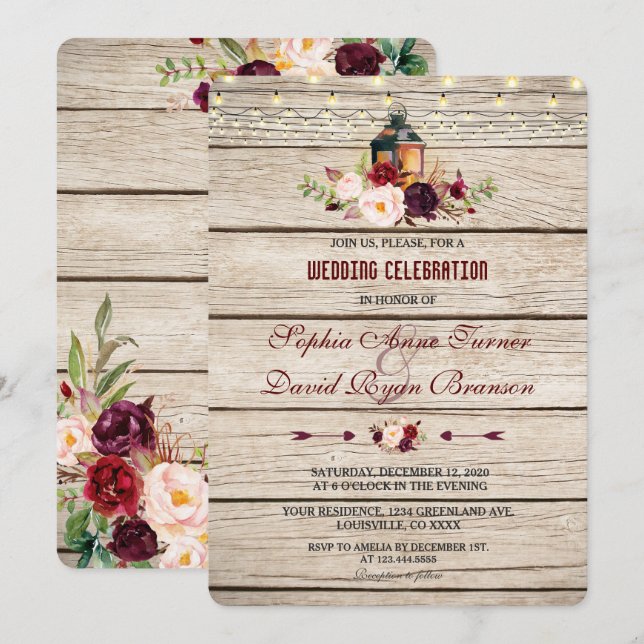 Burgundy Marsala Floral Lantern Wedding Invite (Front/Back)