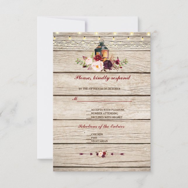 Burgundy Marsala Floral Lantern Wedding RSVP Card (Front)