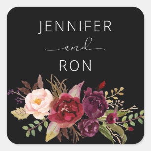 Burgundy Marsala Floral Name - Black Square Sticker