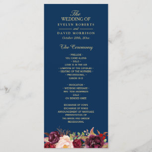 Burgundy Marsala Floral Navy Blue Wedding Program Programme