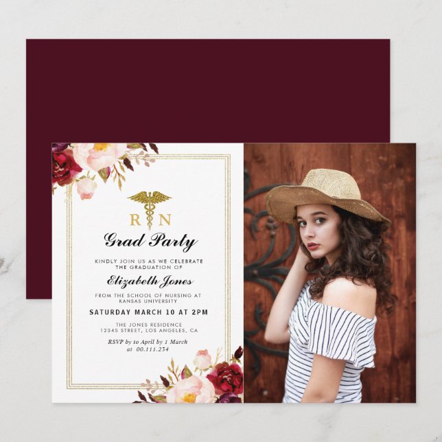 Burgundy marsala floral nursing school graduation invitation (Front/Back)